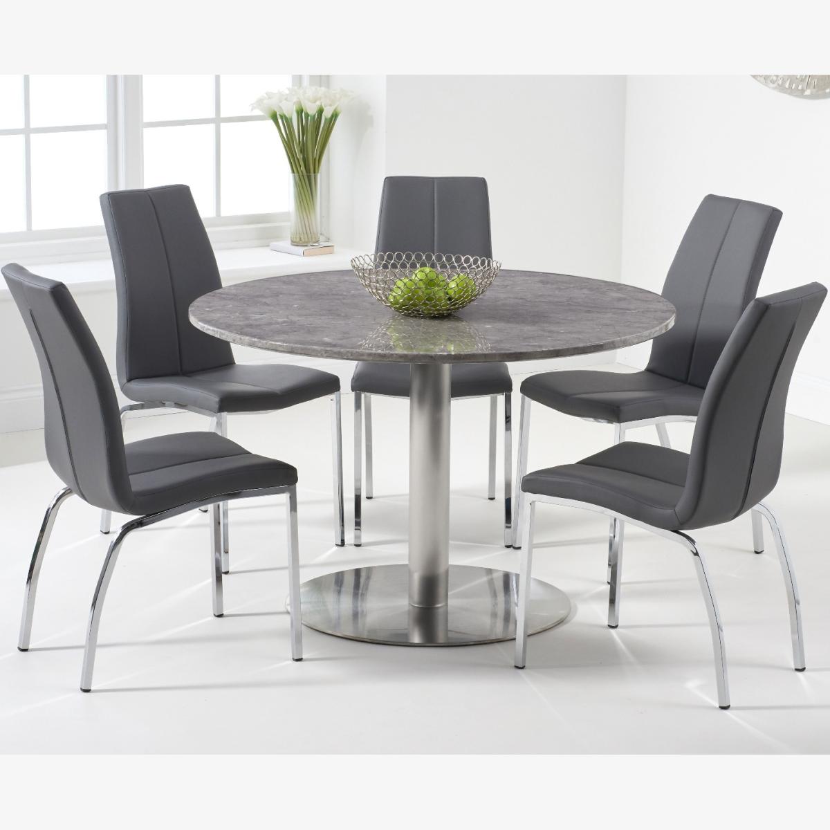 Bali 120cm Round Grey Marble Effect Dining Table With 4 Grey Cavello Dining Chairs