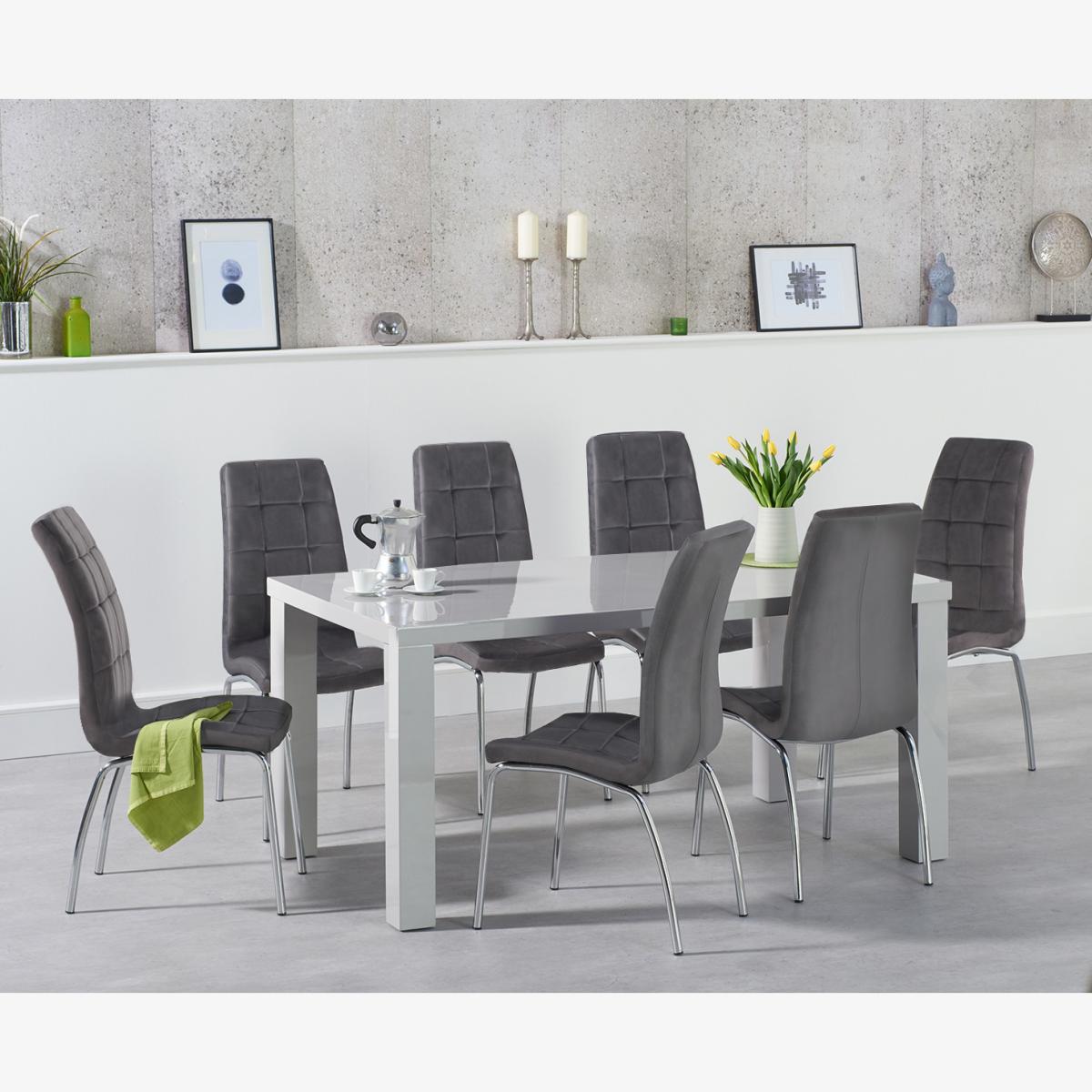 Atlanta 160cm Light Grey High Gloss Dining Table With 8 Blue Calgary Velvet Chairs