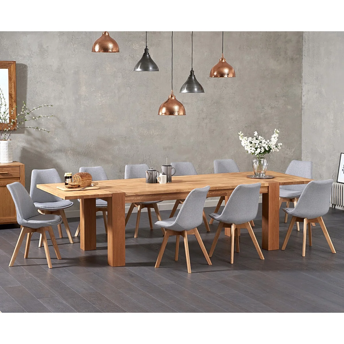 Extending Sheringham 200cm Solid Oak Dining Table with 6 Light Grey Orson Chairs – image 2