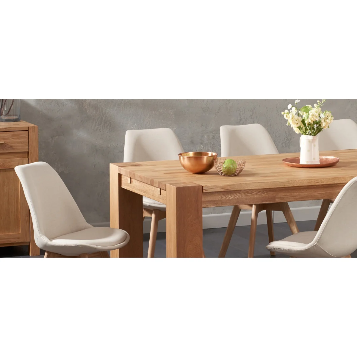 Extending Sheringham 200cm Solid Oak Dining Table with 6 Light Grey Orson Chairs – image 8