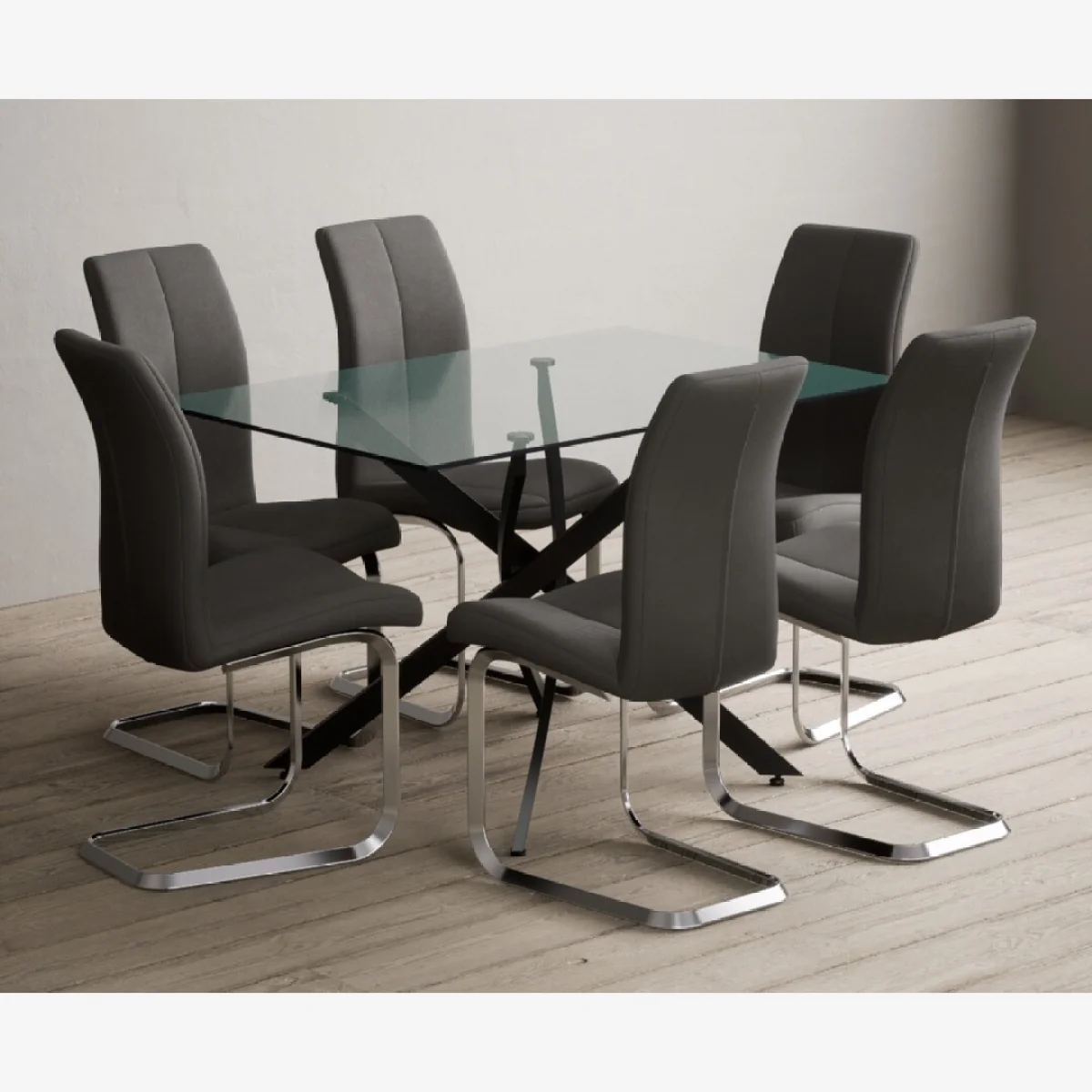 Bernini 120cm Black Leg Rectangular Glass Dining Table with 6 Grey Gianni Chairs