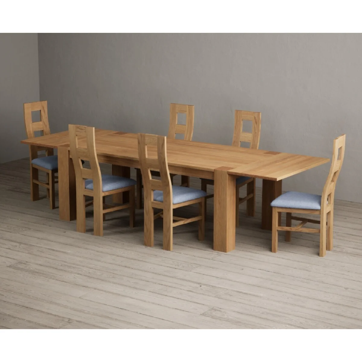 Sheringham 200cm Solid Oak Dining Table with Sheringham Oak Extensions (Pair) with 10 Blue Natural Chairs – image 3
