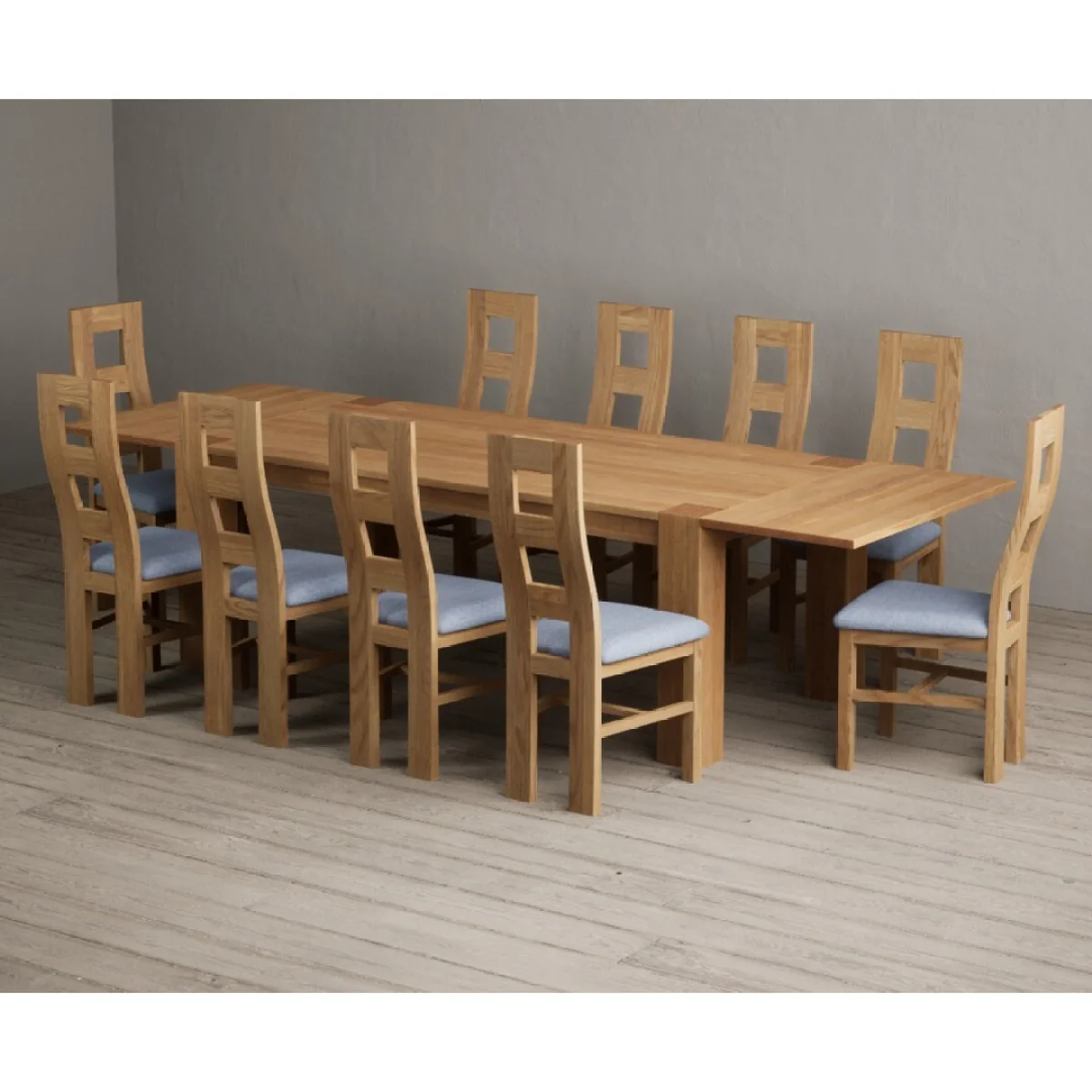 Sheringham 200cm Solid Oak Dining Table with Sheringham Oak Extensions (Pair) with 10 Blue Natural Chairs – image 4