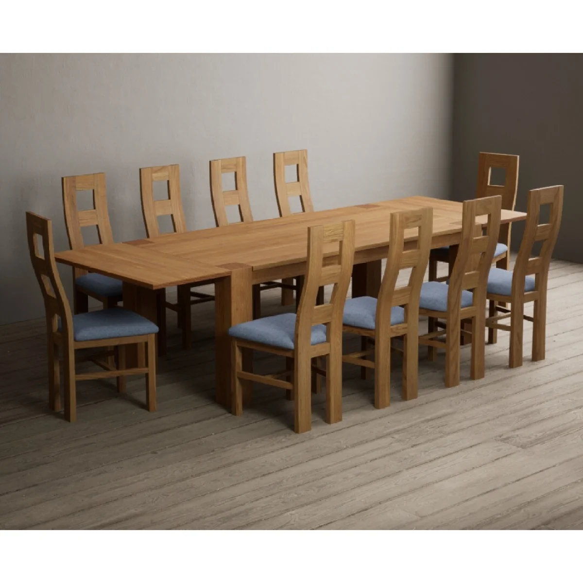Sheringham 200cm Solid Oak Dining Table with Sheringham Oak Extensions (Pair) with 10 Blue Natural Chairs – image 5