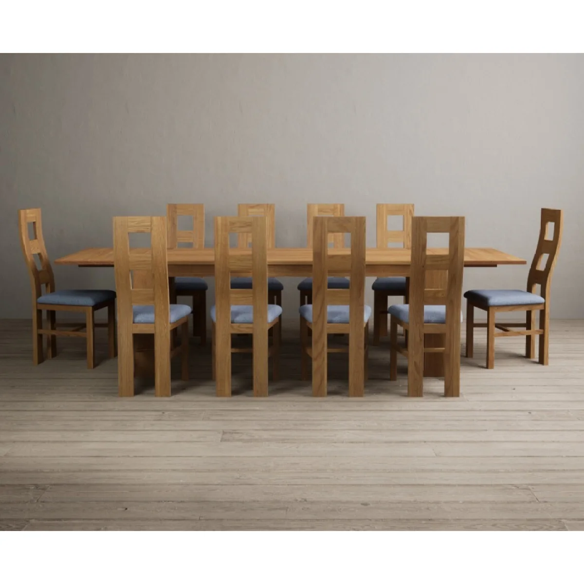 Sheringham 200cm Solid Oak Dining Table with Sheringham Oak Extensions (Pair) with 10 Blue Natural Chairs – image 6