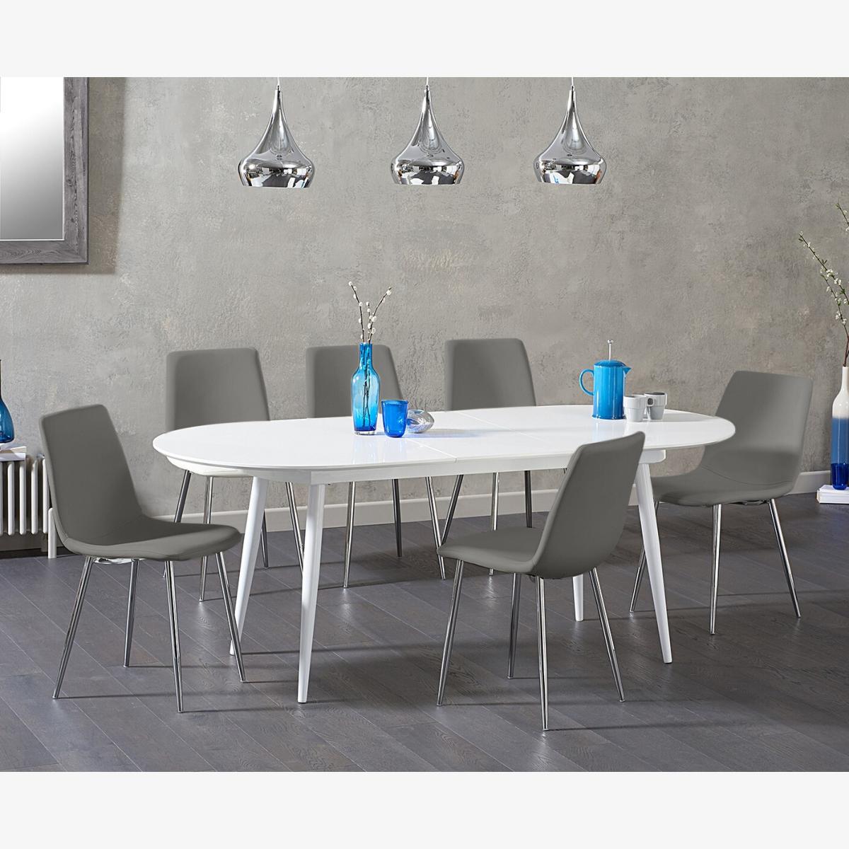 Extending Veneti White High Gloss Dining Table With 4 Grey Astrid Faux Leather Chairs – image 1