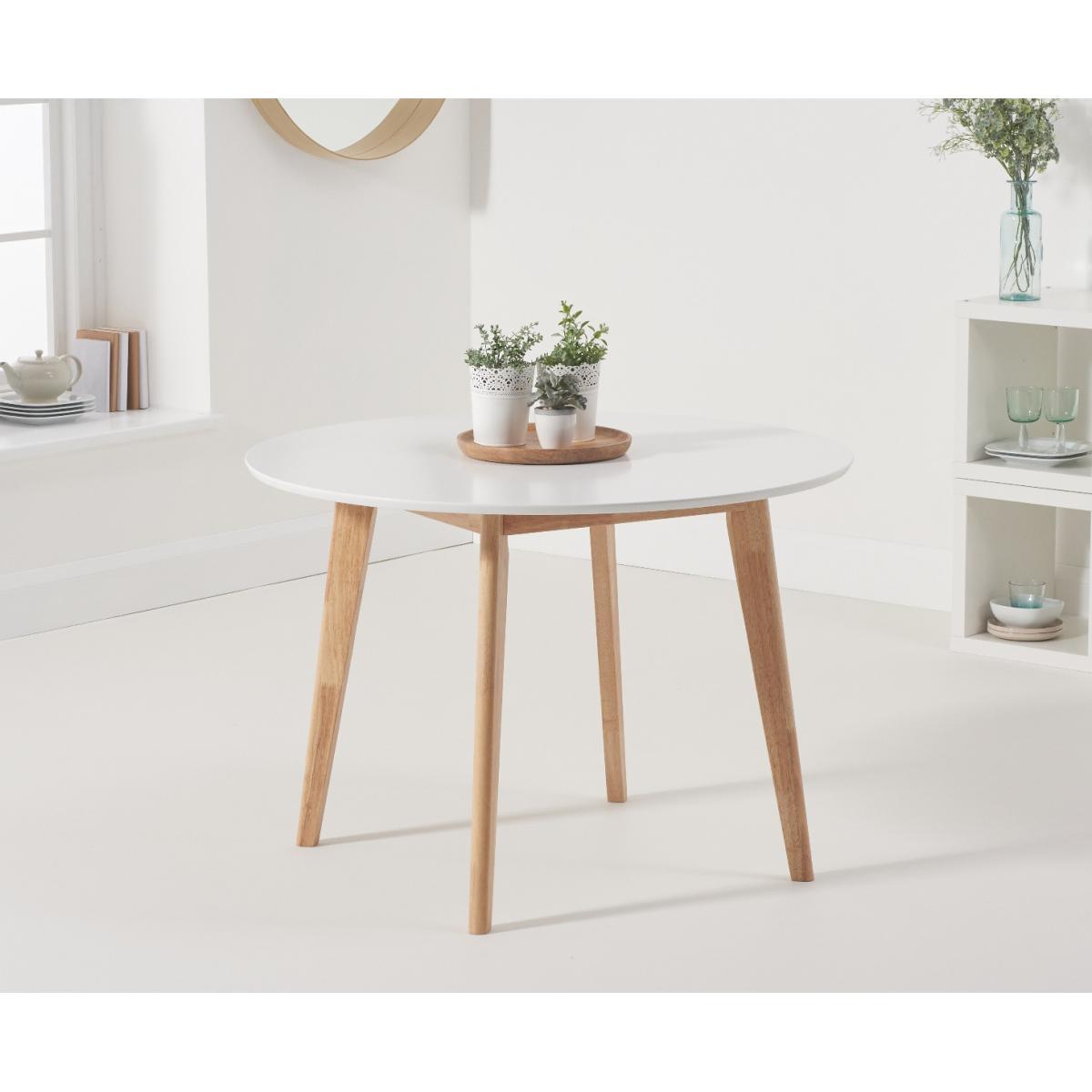 Rebekah White and Oak 110cm Round Dining Table with Rebekah Faux Leather Dining Chairs - Oak and White, 2 Chairs – image 3