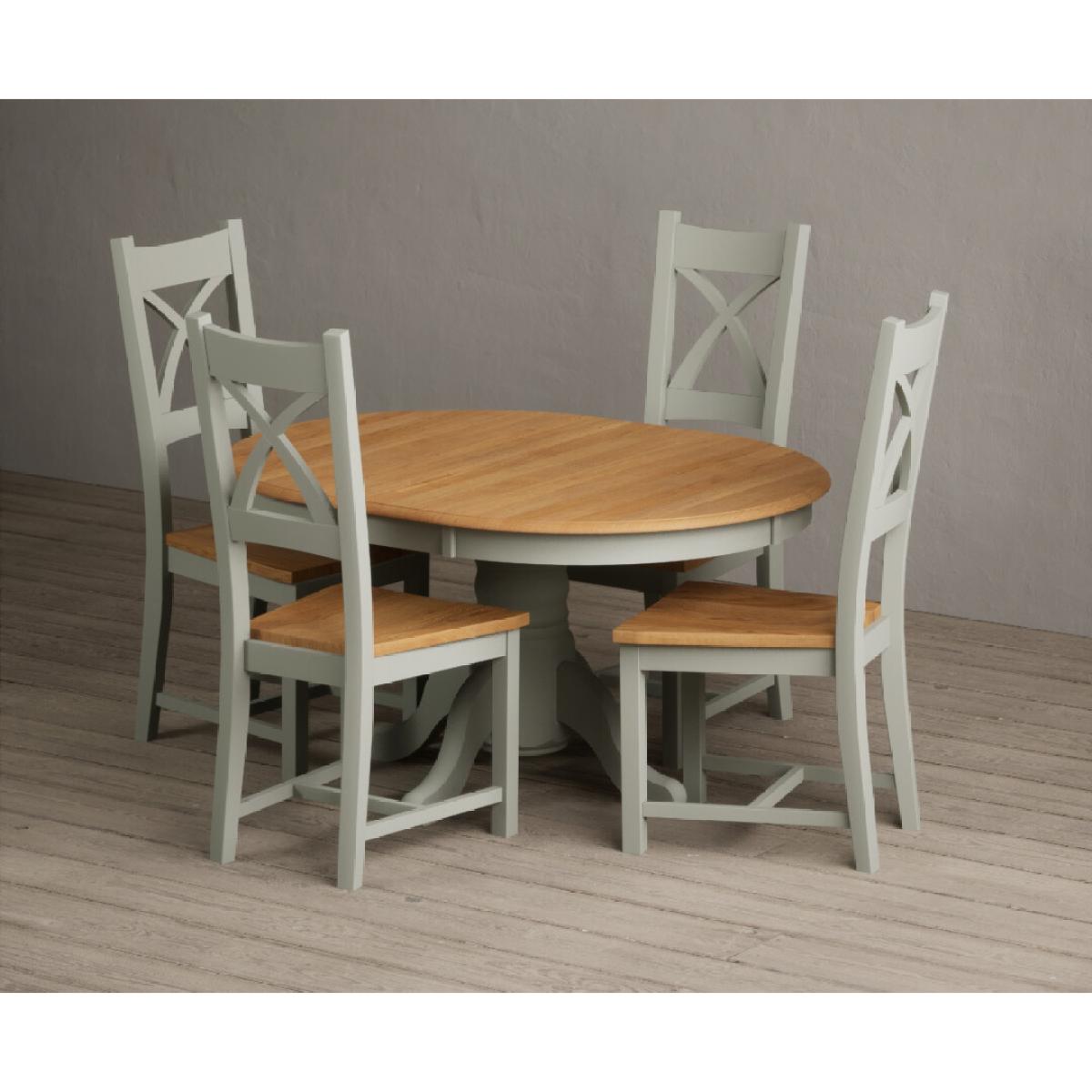 Extending Hertford 100cm - 130cm Oak and Soft Green Painted Pedestal Dining Table with 6 Blue Chairs – image 11