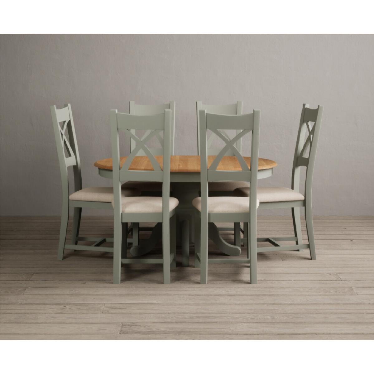 Extending Hertford 100cm - 130cm Oak and Soft Green Painted Pedestal Dining Table with 6 Blue Chairs – image 15