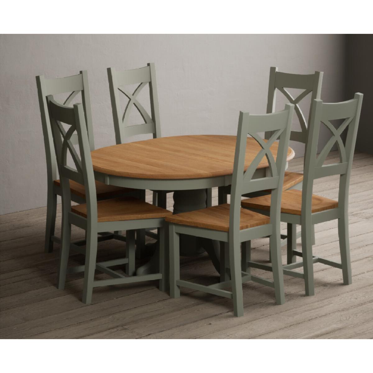 Extending Hertford 100cm - 130cm Oak and Soft Green Painted Pedestal Dining Table with 6 Blue Chairs – image 3