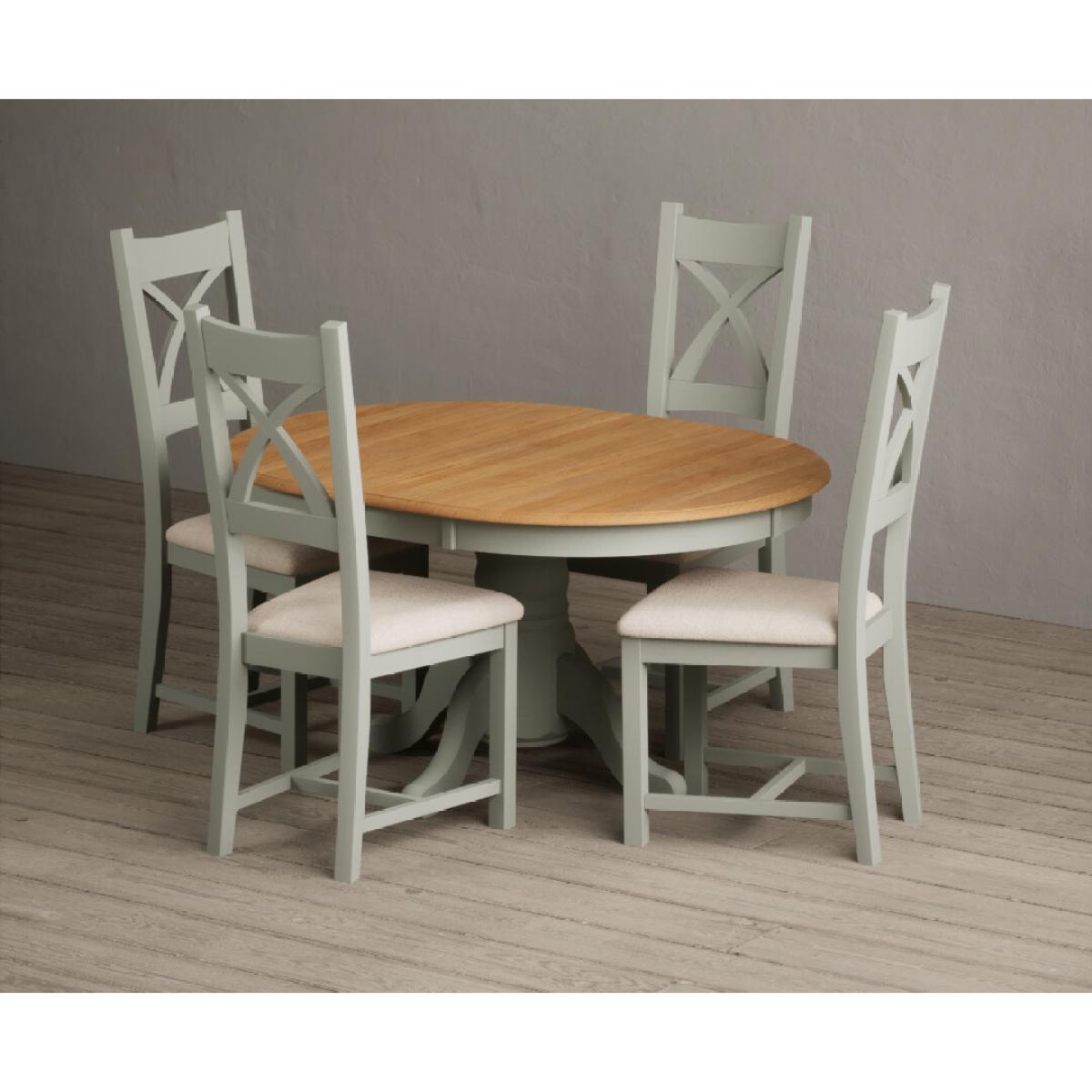 Extending Hertford 100cm - 130cm Oak and Soft Green Painted Pedestal Dining Table with 6 Blue Chairs – image 21