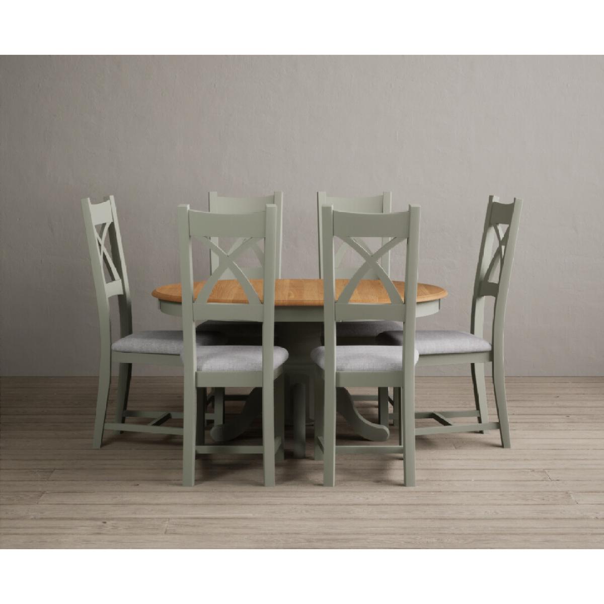 Extending Hertford 100cm - 130cm Oak and Soft Green Painted Pedestal Dining Table with 6 Blue Chairs – image 26