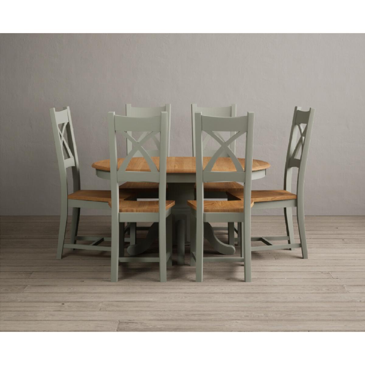 Extending Hertford 100cm - 130cm Oak and Soft Green Painted Pedestal Dining Table with 6 Blue Chairs – image 4