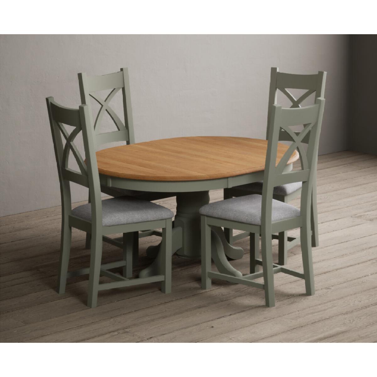 Extending Hertford 100cm - 130cm Oak and Soft Green Painted Pedestal Dining Table with 6 Blue Chairs – image 33