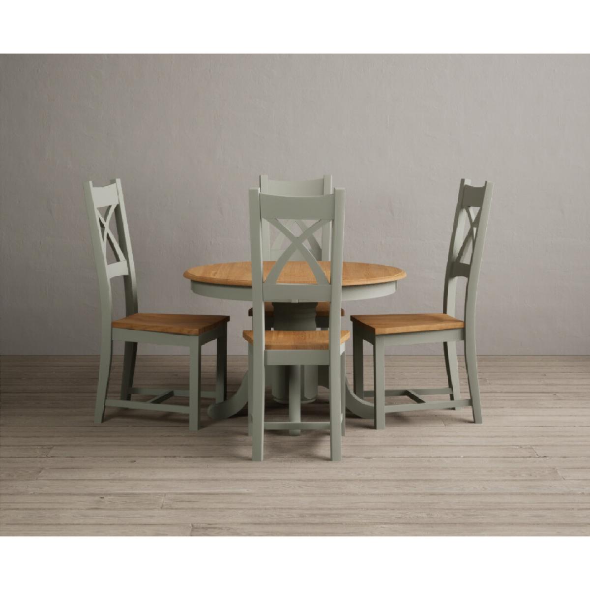 Extending Hertford 100cm - 130cm Oak and Soft Green Painted Pedestal Dining Table with 6 Blue Chairs – image 5