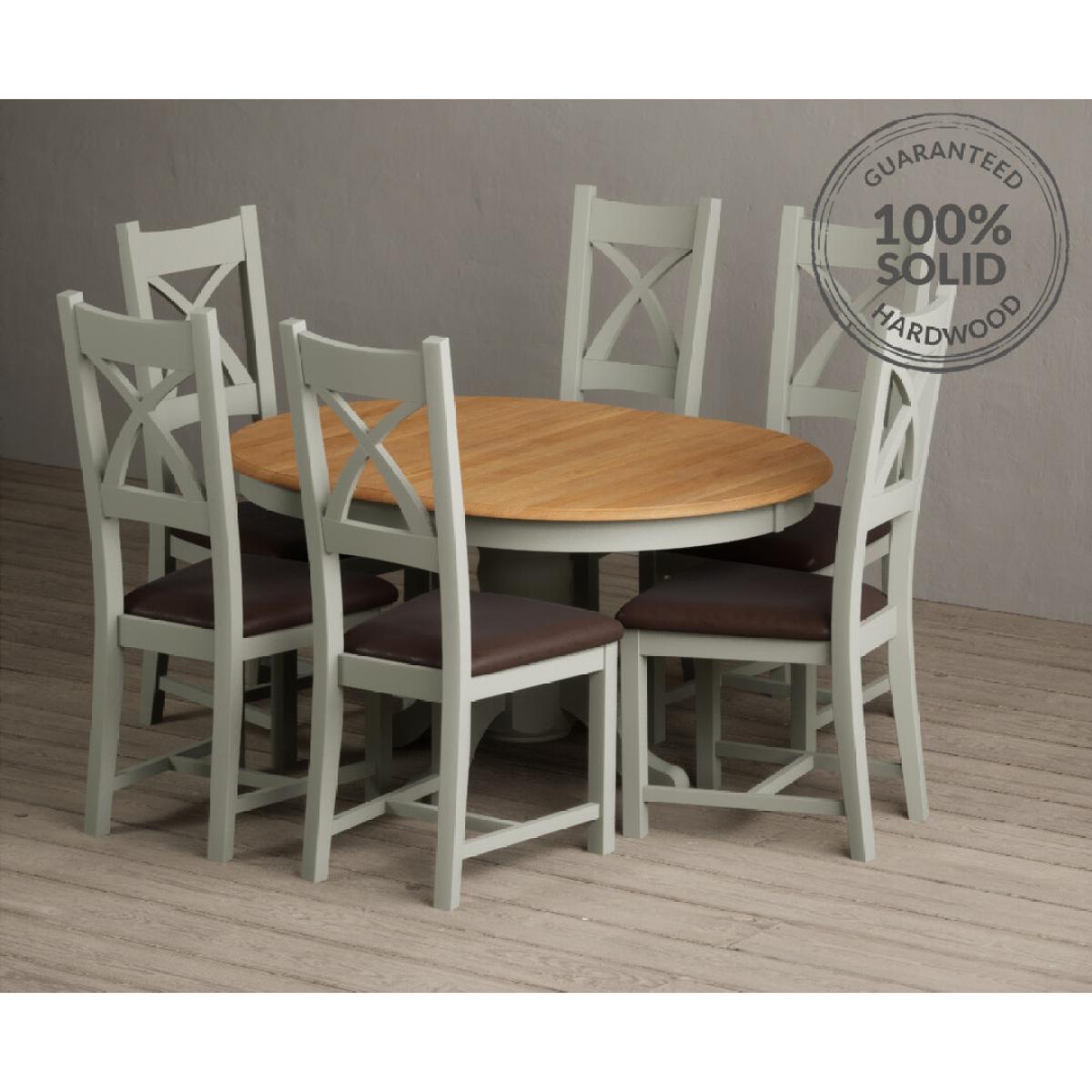Extending Hertford 100cm - 130cm Oak and Soft Green Painted Pedestal Dining Table with 6 Blue Chairs – image 48