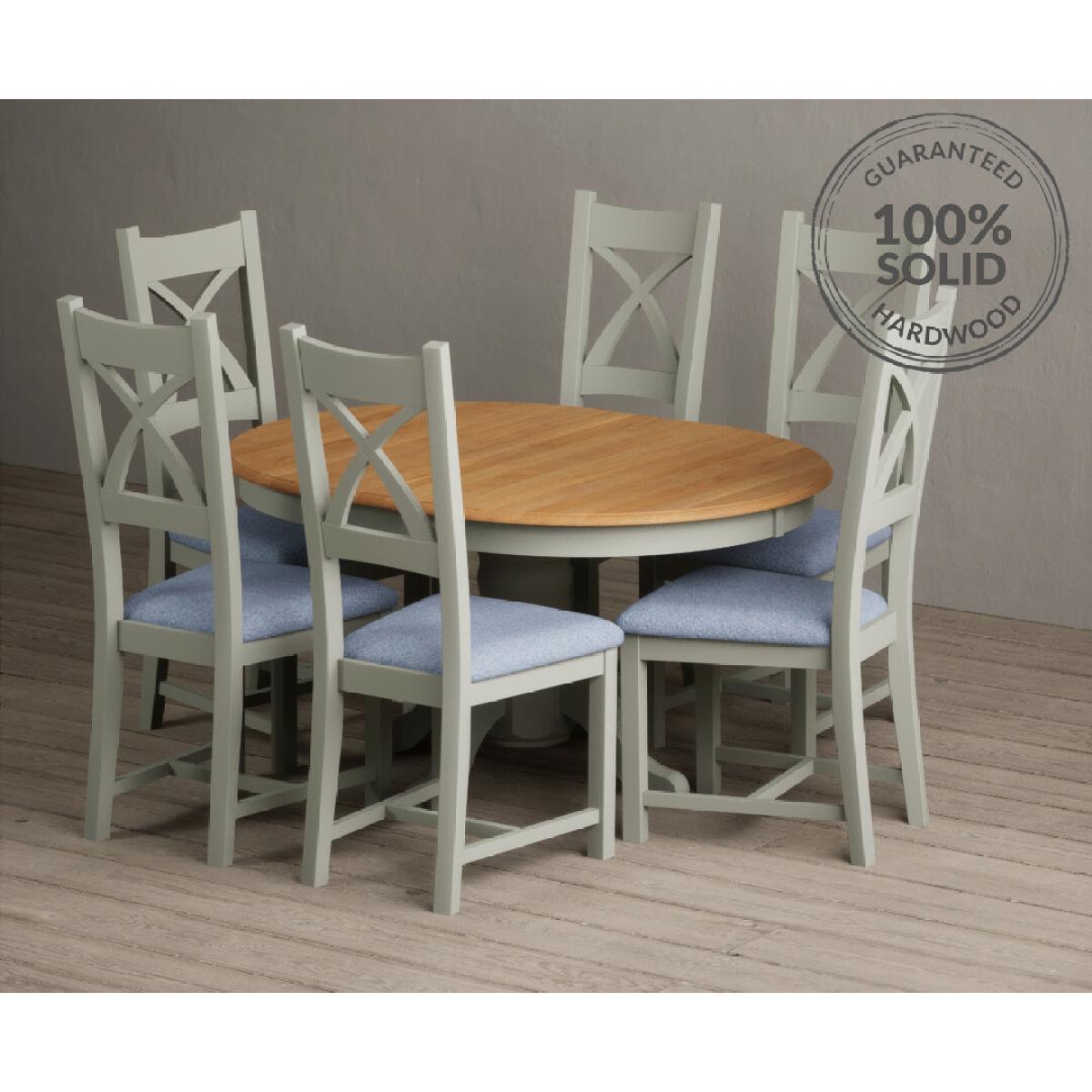 Extending Hertford 100cm - 130cm Oak and Soft Green Painted Pedestal Dining Table with 6 Blue Chairs – image 53
