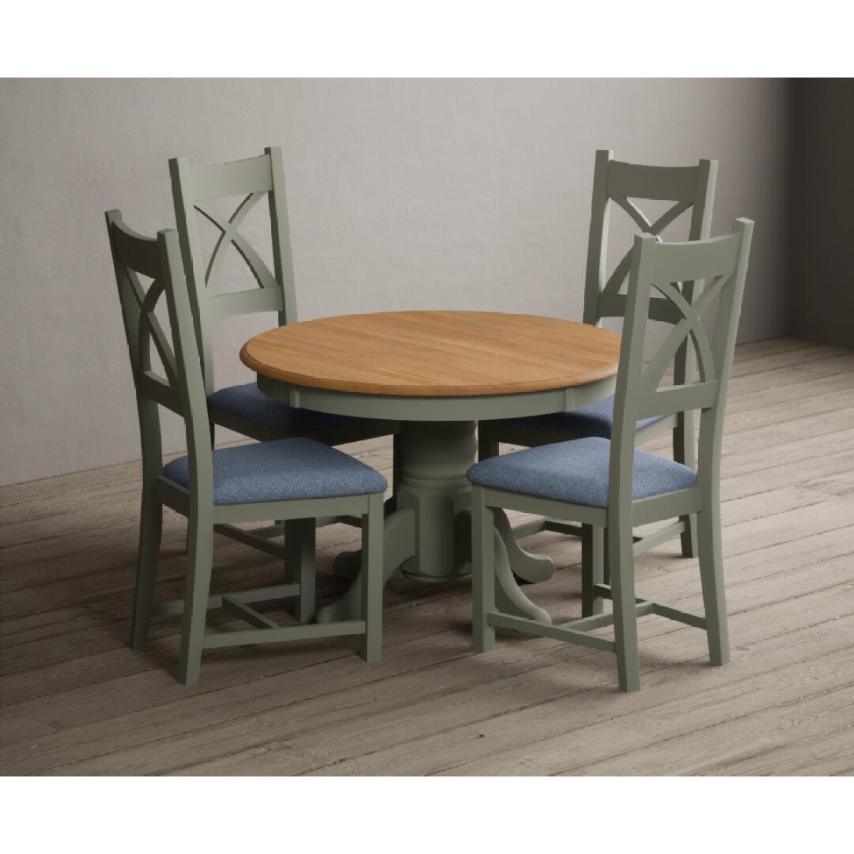 Extending Hertford 100cm - 130cm Oak and Soft Green Painted Pedestal Dining Table with 6 Blue Chairs – image 56