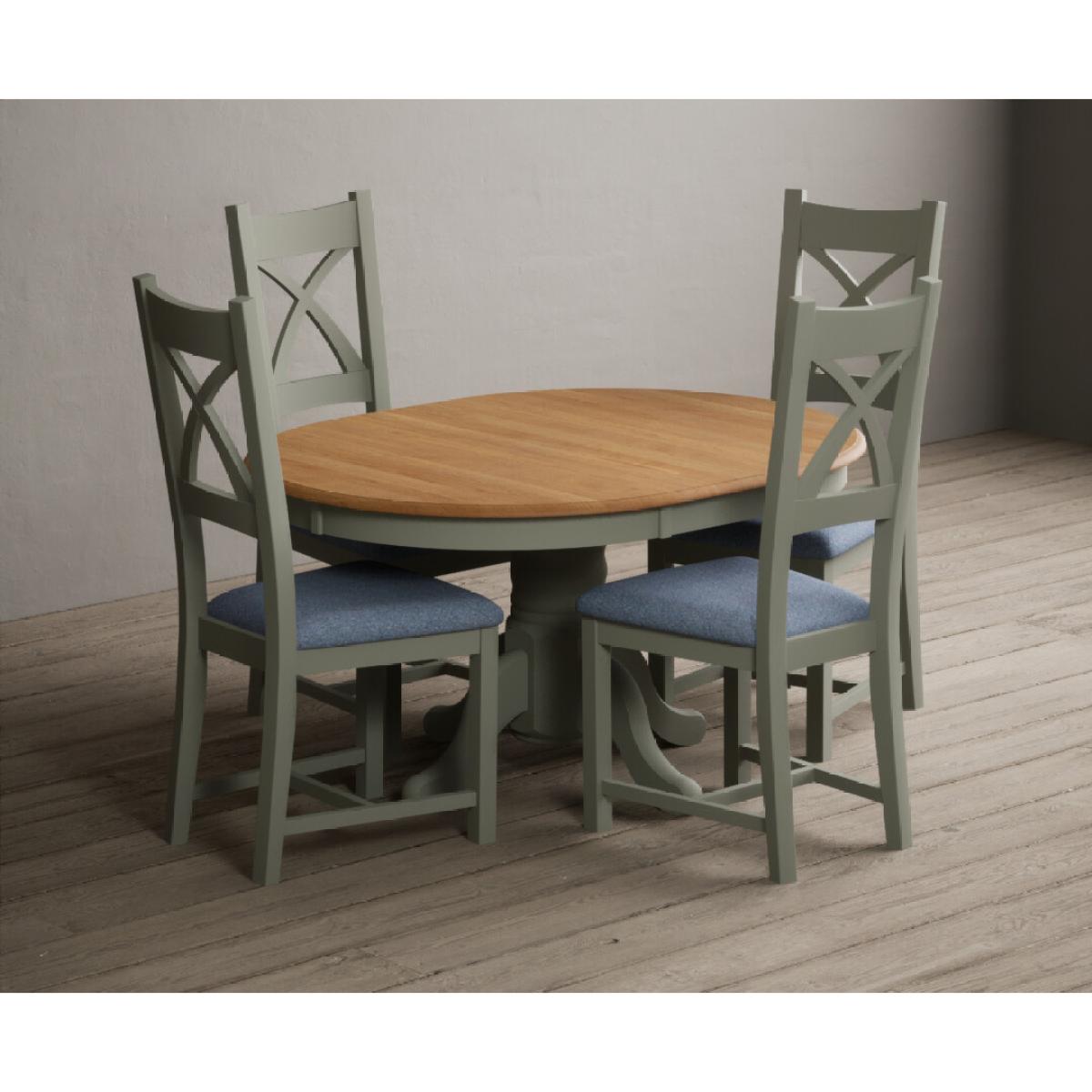 Extending Hertford 100cm - 130cm Oak and Soft Green Painted Pedestal Dining Table with 6 Blue Chairs – image 59