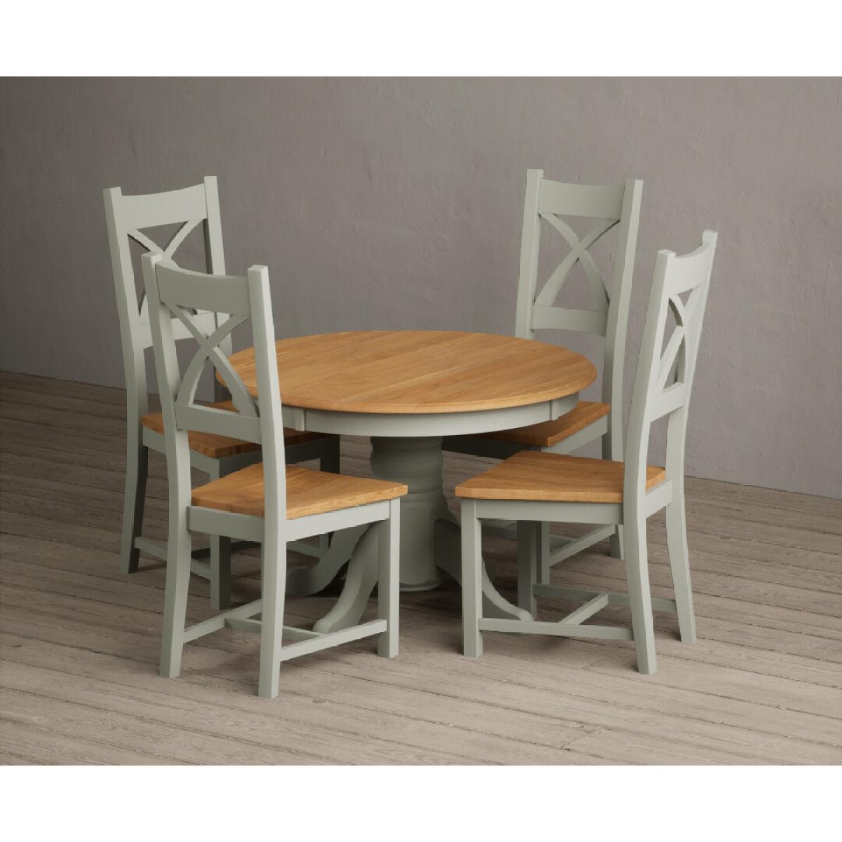 Extending Hertford 100cm - 130cm Oak and Soft Green Painted Pedestal Dining Table with 6 Blue Chairs – image 7