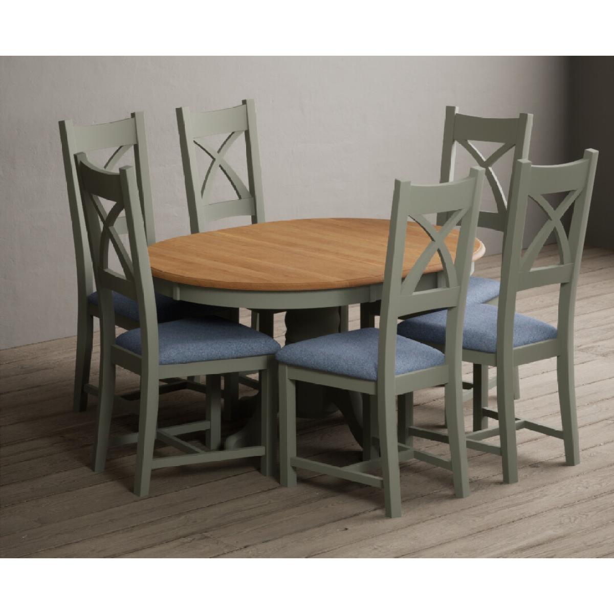 Extending Hertford 100cm - 130cm Oak and Soft Green Painted Pedestal Dining Table with 6 Blue Chairs – image 61