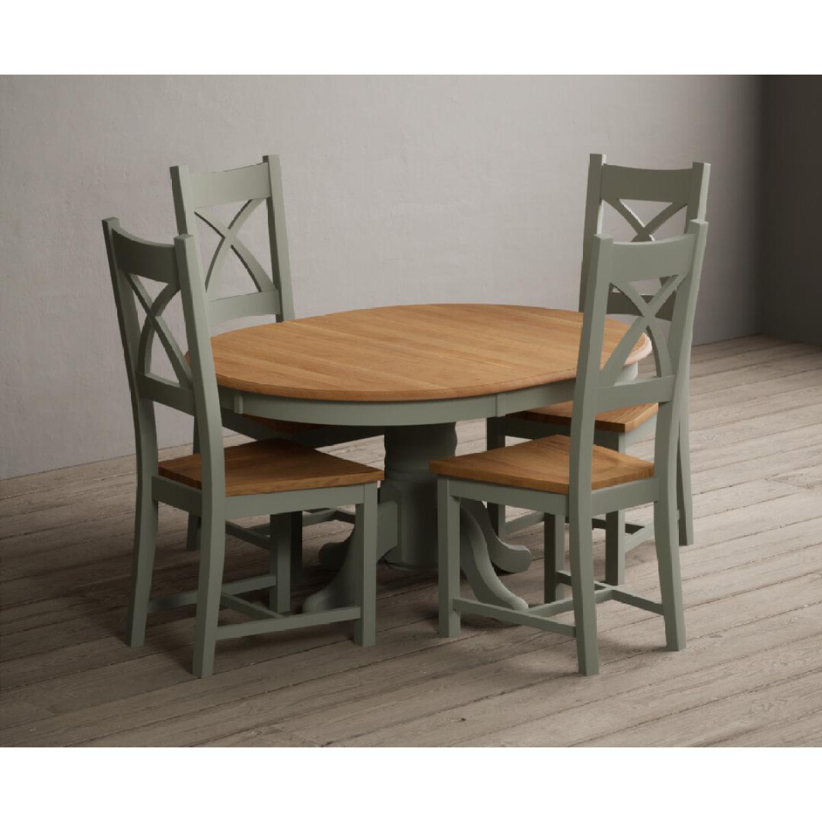 Extending Hertford 100cm - 130cm Oak and Soft Green Painted Pedestal Dining Table with 6 Blue Chairs – image 10