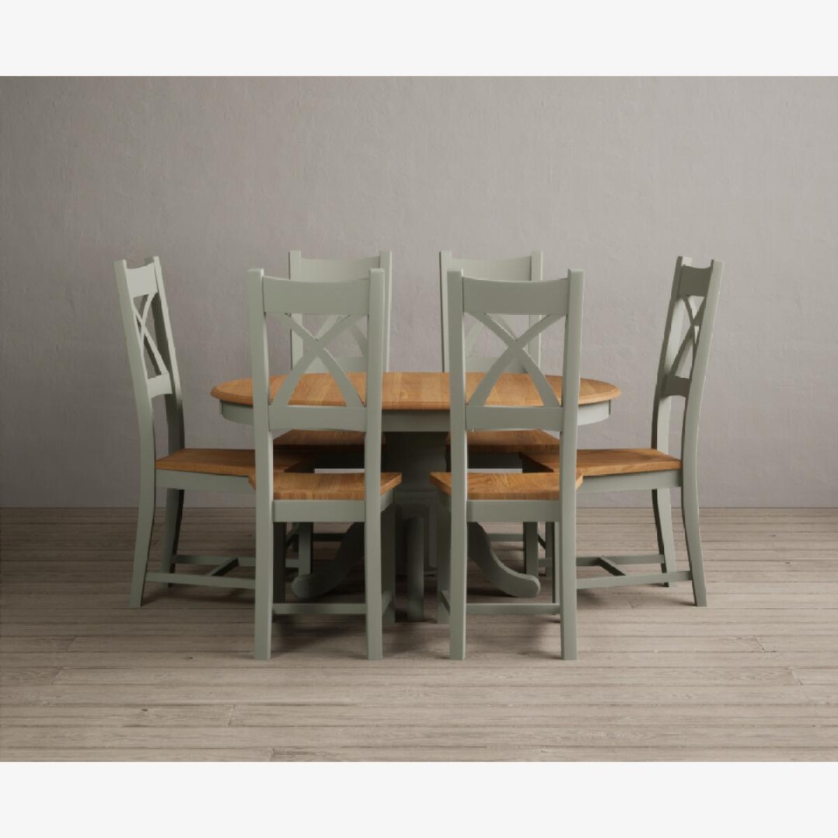 Extending Hertford 100cm - 130cm Oak and Soft Green Painted Pedestal Dining Table with 6 Blue Chairs – image 1