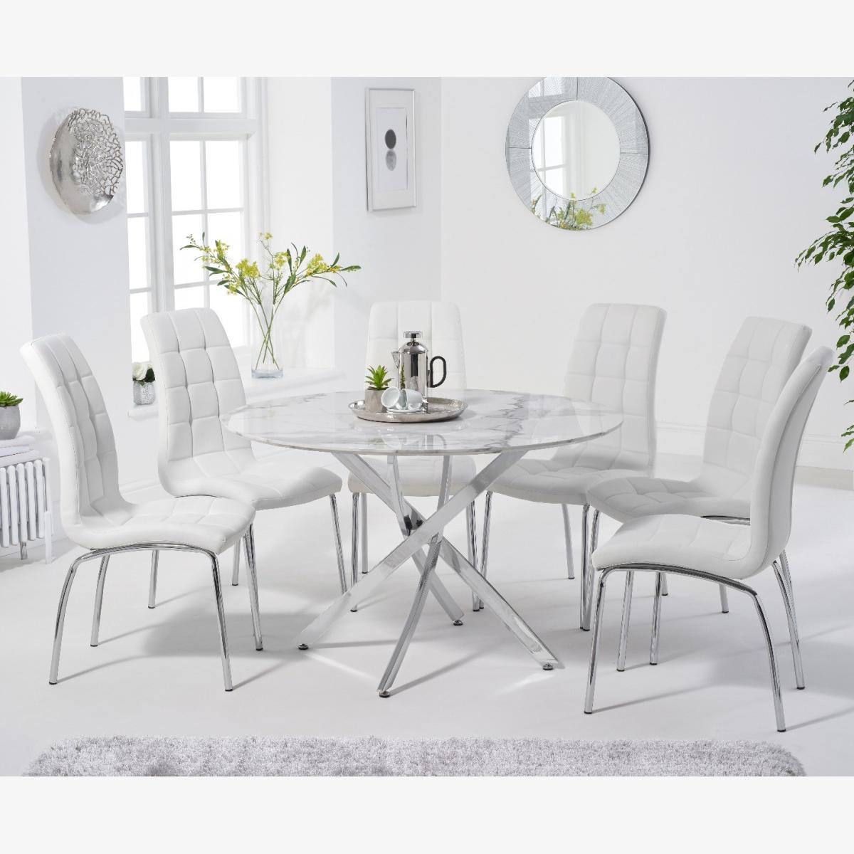 Carter 120cm Round White Marble Table With 6 Red Enzo Chairs – image 1