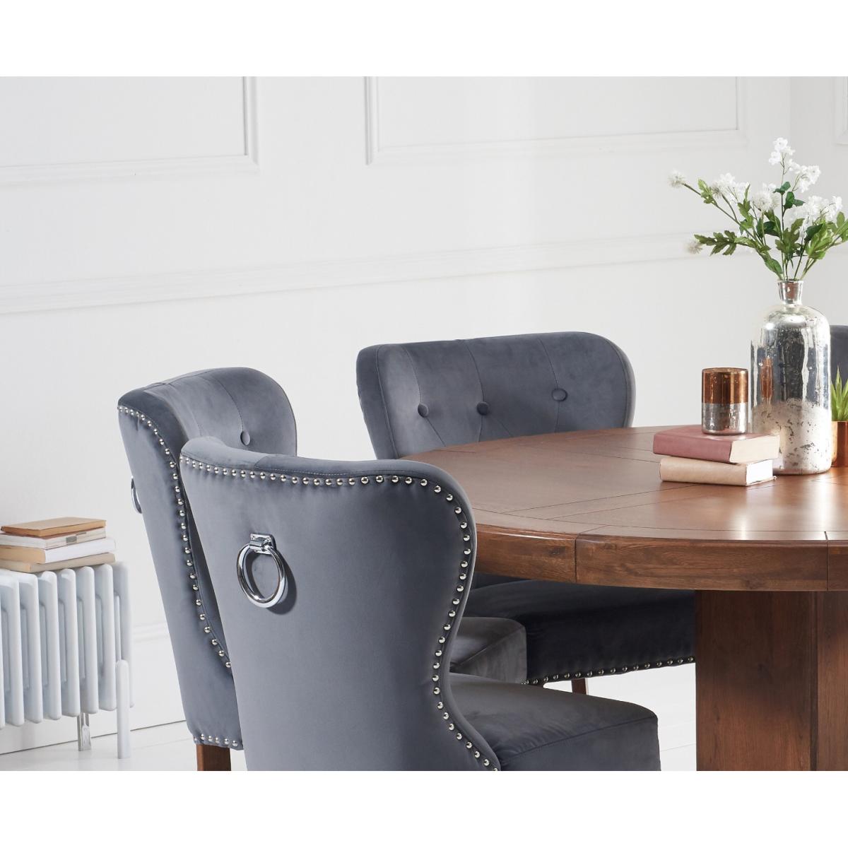 Helmsley 150cm Dark Solid Oak Round Pedestal Dining Table with 4 Grey Keswick Velvet Chairs – image 2