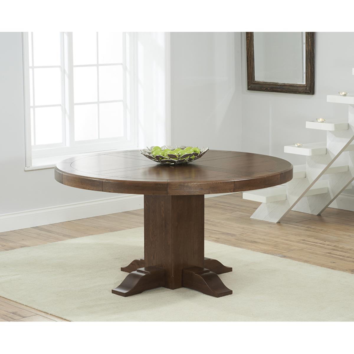 Helmsley 150cm Dark Solid Oak Round Pedestal Dining Table with 4 Grey Keswick Velvet Chairs – image 14