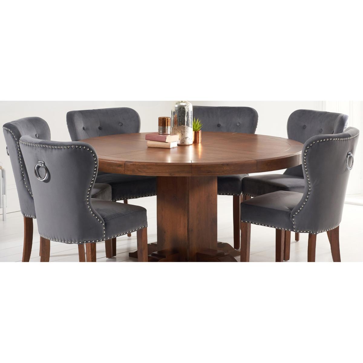 Helmsley 150cm Dark Solid Oak Round Pedestal Dining Table with 4 Grey Keswick Velvet Chairs – image 19