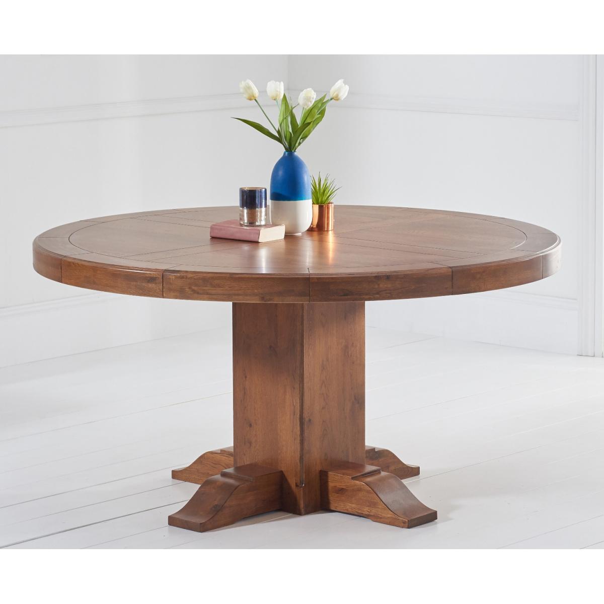 Helmsley 150cm Dark Solid Oak Round Pedestal Dining Table with 4 Grey Keswick Velvet Chairs – image 3