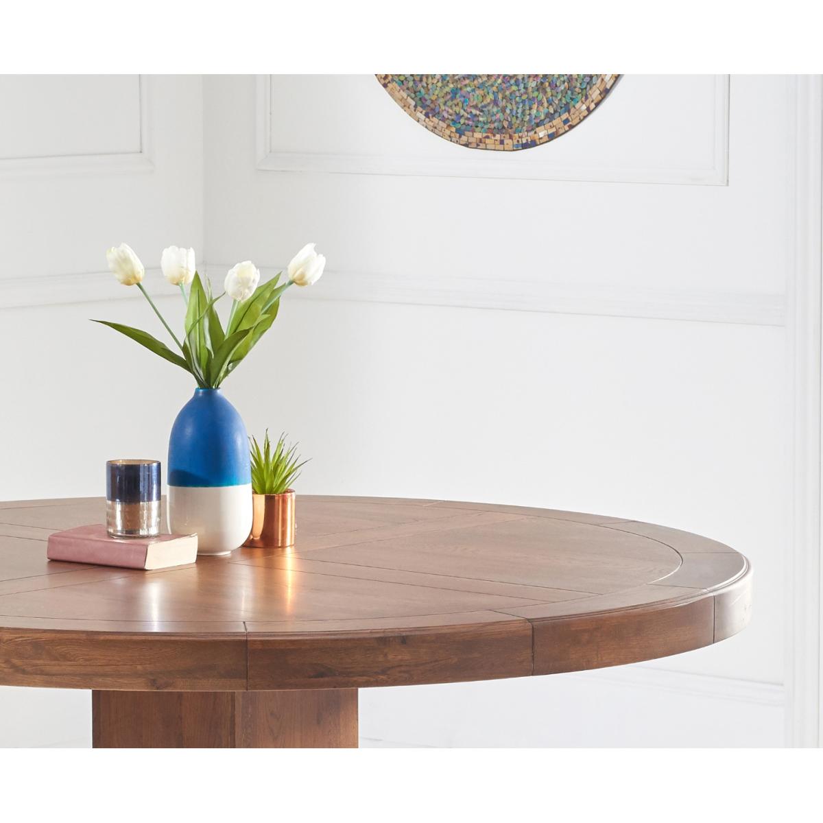 Helmsley 150cm Dark Solid Oak Round Pedestal Dining Table with 4 Grey Keswick Velvet Chairs – image 5