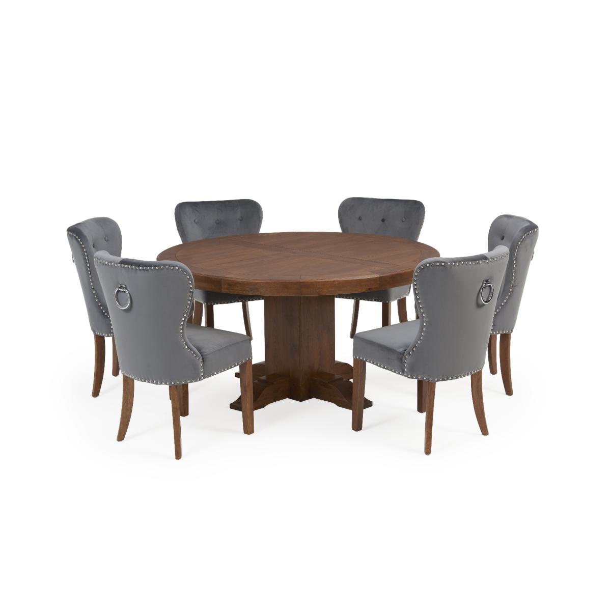 Helmsley 150cm Dark Solid Oak Round Pedestal Dining Table with 4 Grey Keswick Velvet Chairs – image 7