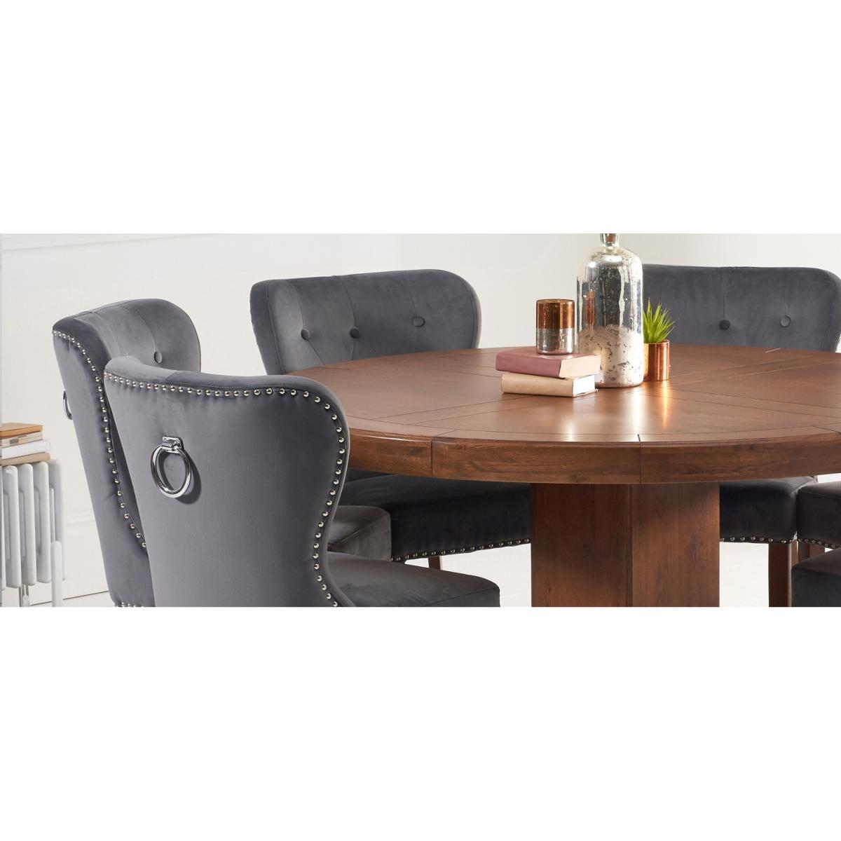 Helmsley 150cm Dark Solid Oak Round Pedestal Dining Table with 4 Grey Keswick Velvet Chairs – image 8