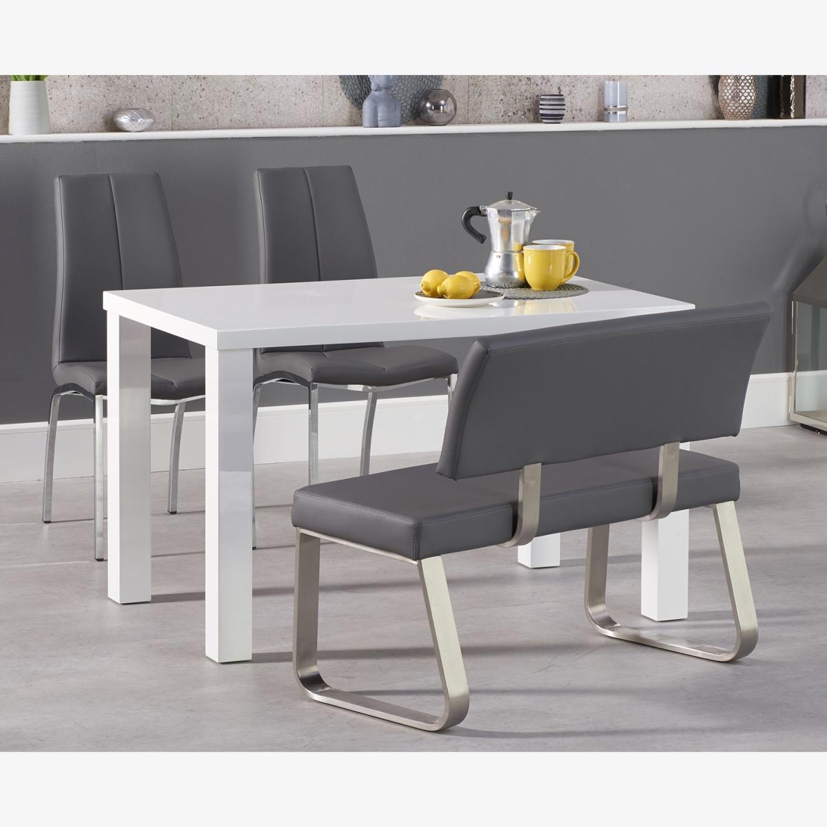 Atlanta 120cm White High Gloss Dining Table With 4 Black Cavello Chairs and 2 Grey Malaga Benches