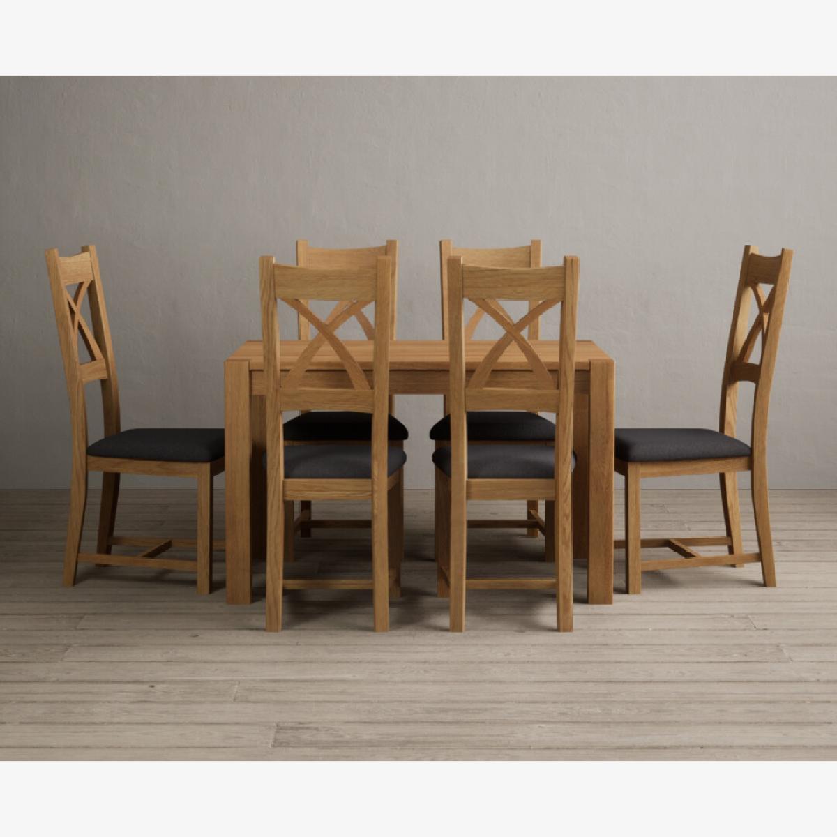 Thetford 120cm Oak Dining Table with 6 Linen Natural Solid Oak Chairs – image 1