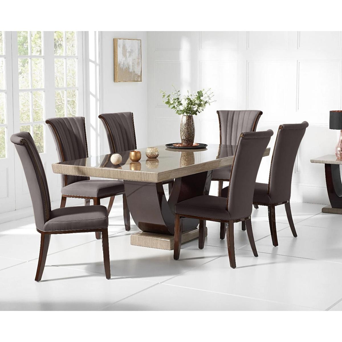 Novara 170cm Brown Pedestal Marble Dining Table With 4 Cream Alpine Chairs – image 2