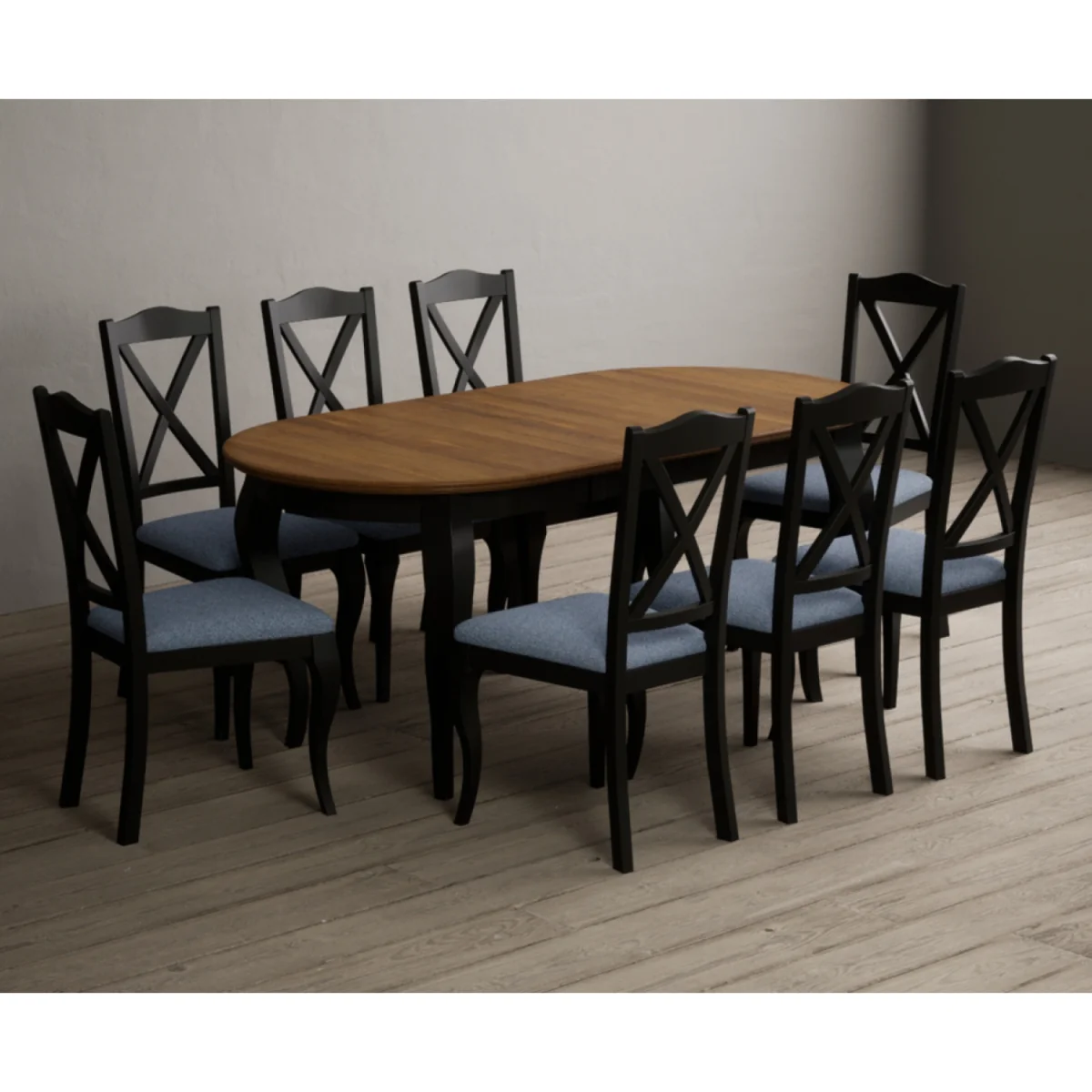 Extending Chateau Noir 140cm Oak and Black Painted Oval Dining Table with 8 Blue Chateau Noir Chairs – image 2