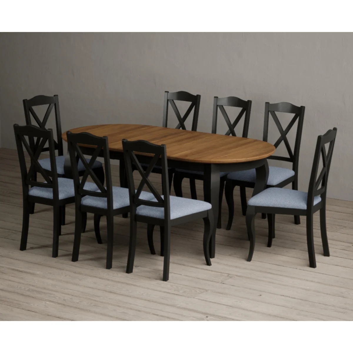 Extending Chateau Noir 140cm Oak and Black Painted Oval Dining Table with 8 Blue Chateau Noir Chairs – image 3
