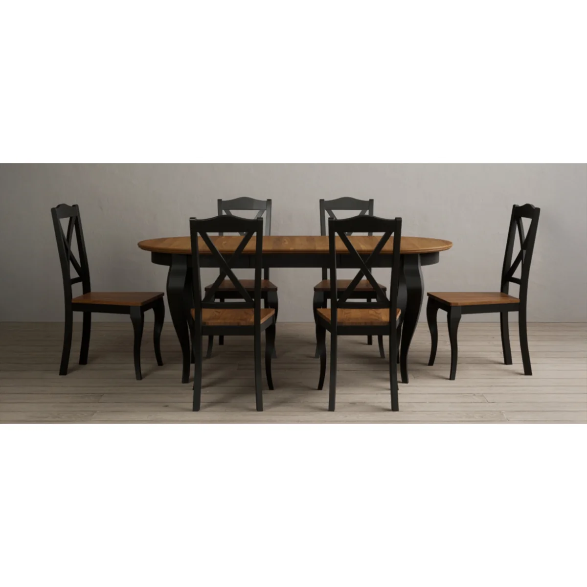 Extending Chateau Noir 140cm Oak and Black Painted Oval Dining Table with 8 Blue Chateau Noir Chairs – image 6