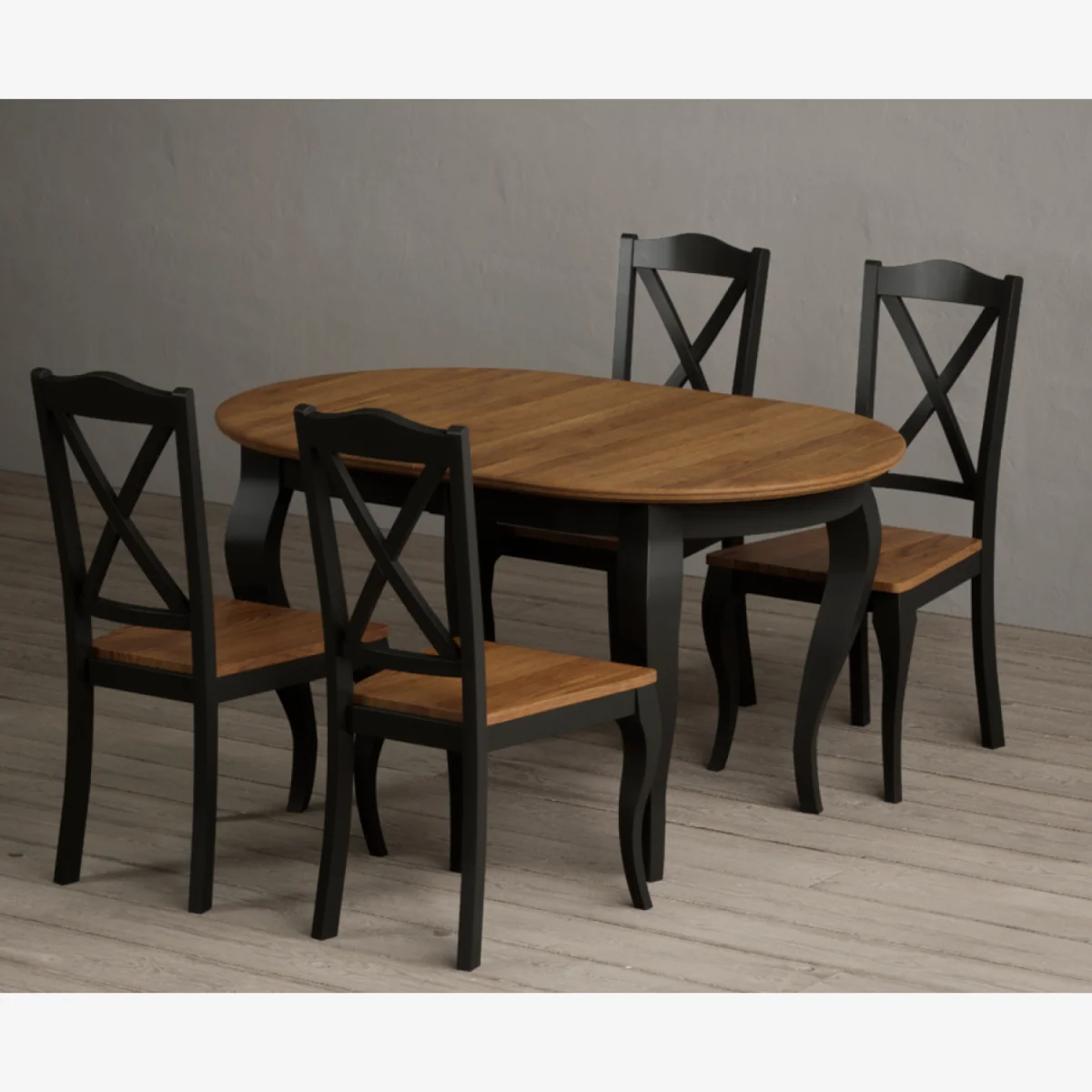 Extending Chateau Noir 140cm Oak and Black Painted Oval Dining Table with 8 Blue Chateau Noir Chairs – image 1