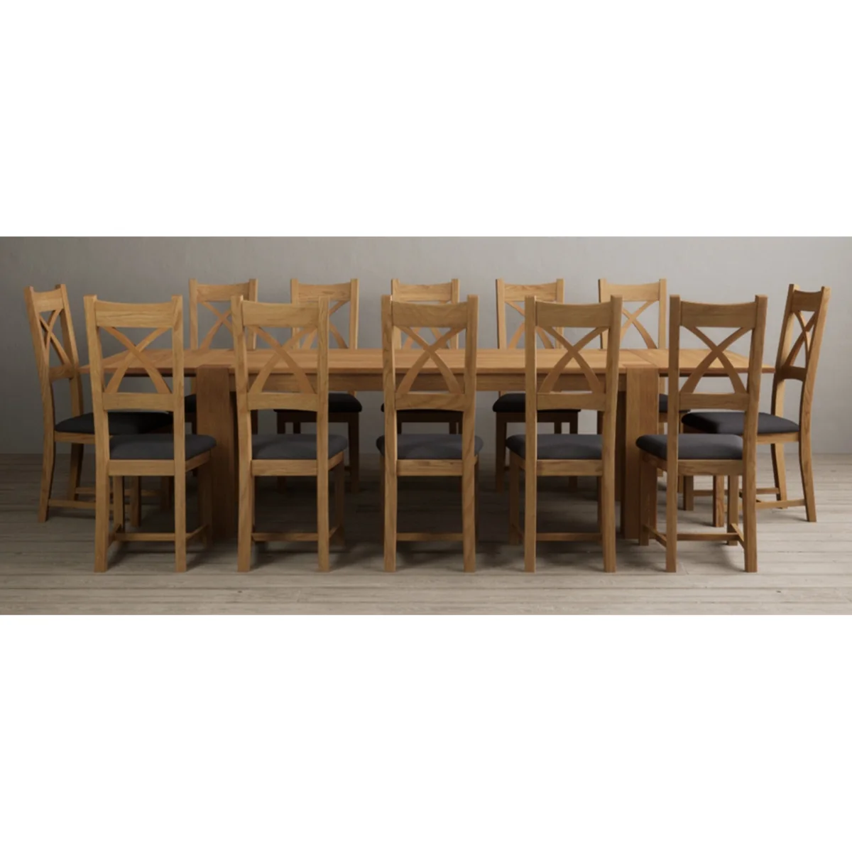Sheringham 200cm Solid Oak Dining Table with Sheringham Oak Extensions (Pair) with 10 Linen Natural Solid Oak Chairs – image 2