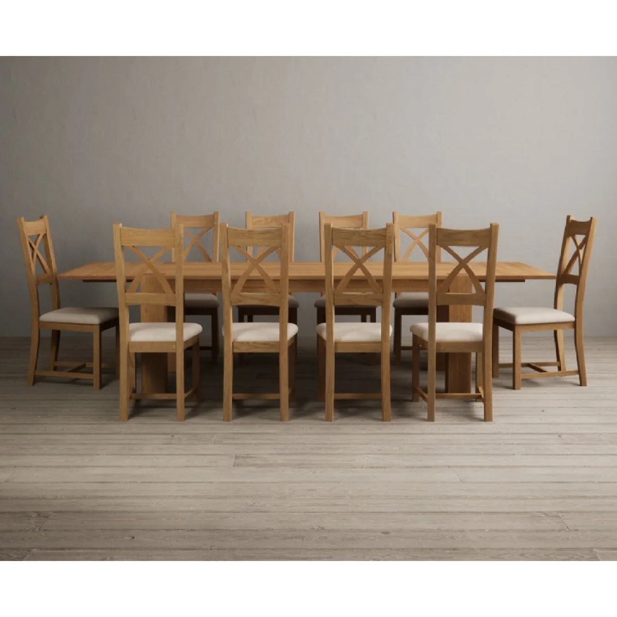 Sheringham 200cm Solid Oak Dining Table with Sheringham Oak Extensions (Pair) with 10 Linen Natural Solid Oak Chairs – image 5