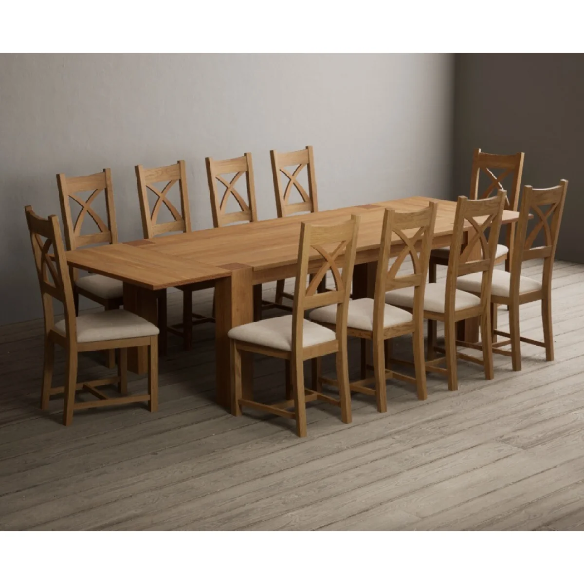 Sheringham 200cm Solid Oak Dining Table with Sheringham Oak Extensions (Pair) with 10 Linen Natural Solid Oak Chairs – image 6
