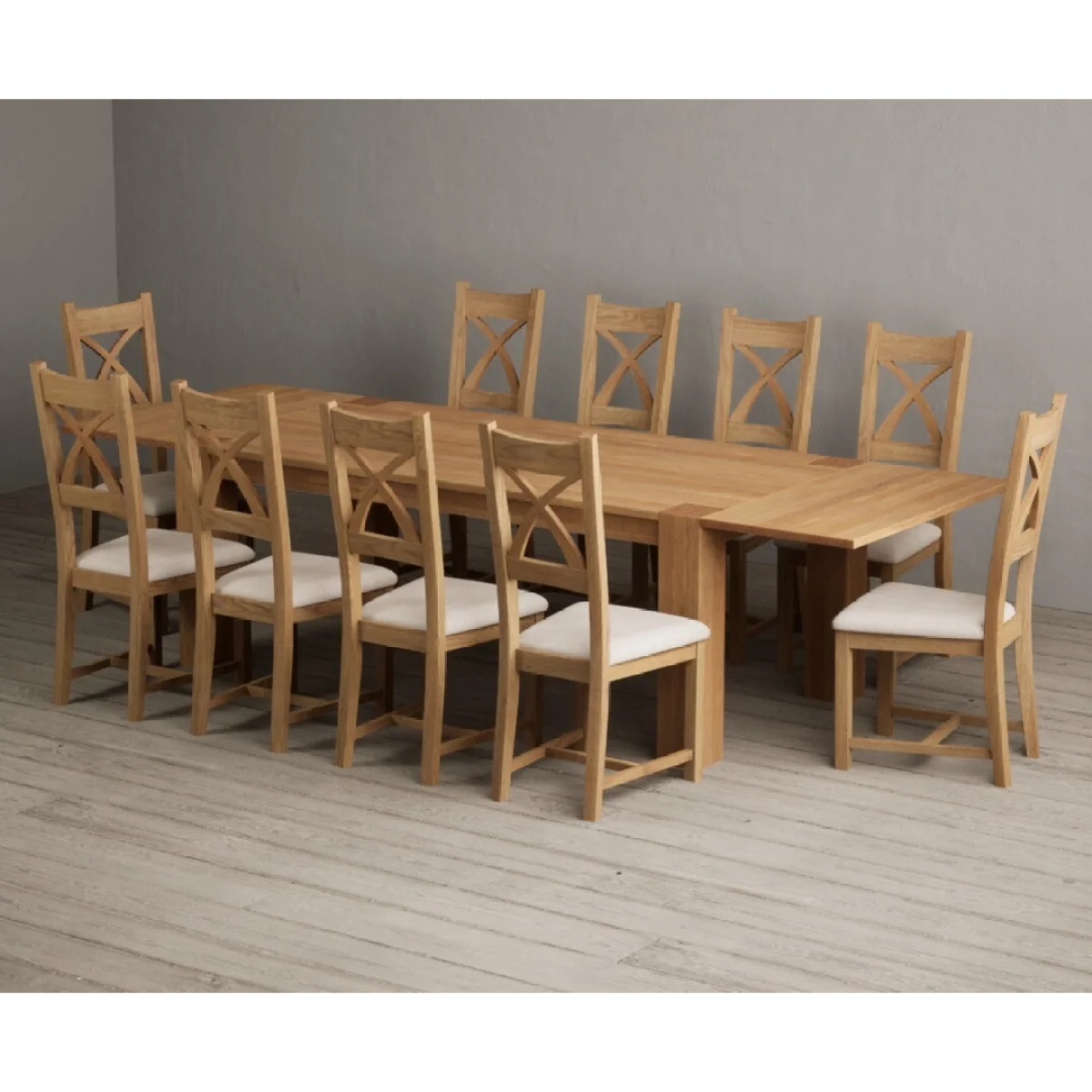Sheringham 200cm Solid Oak Dining Table with Sheringham Oak Extensions (Pair) with 10 Linen Natural Solid Oak Chairs – image 7