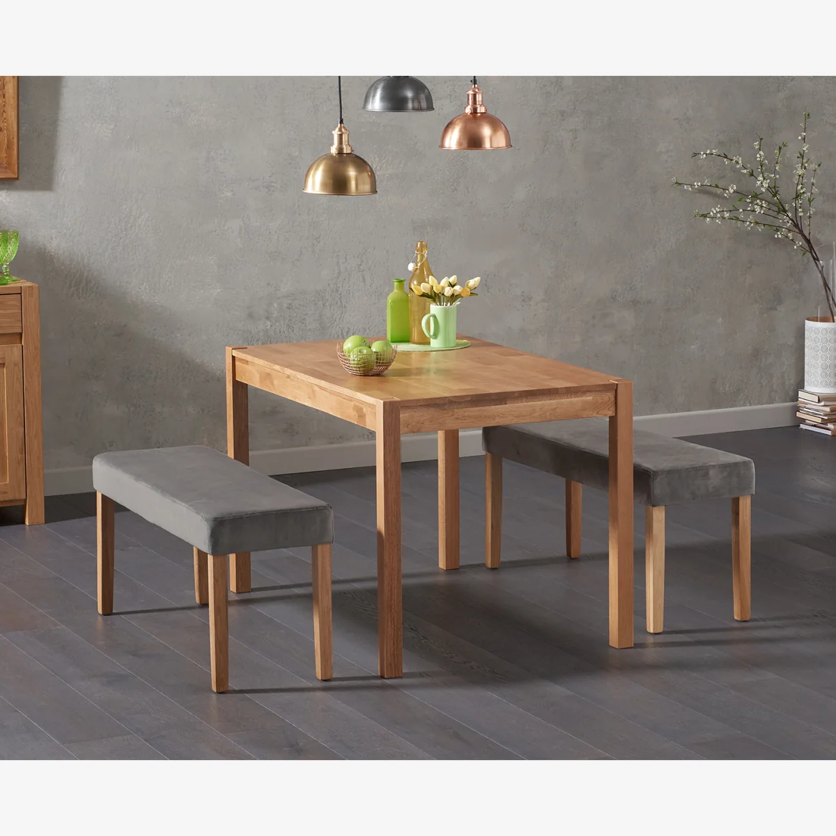 York 120cm Solid Oak Dining Table with Lila Grey Velvet Benches