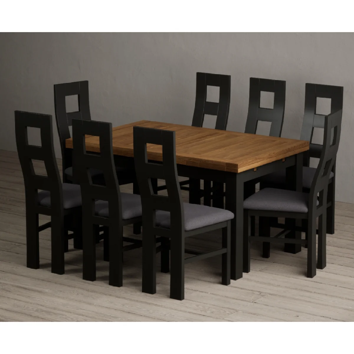 Extending Buxton 140cm Oak and Black Painted Dining Table with 8 Charcoal Grey Painted Chairs – image 2