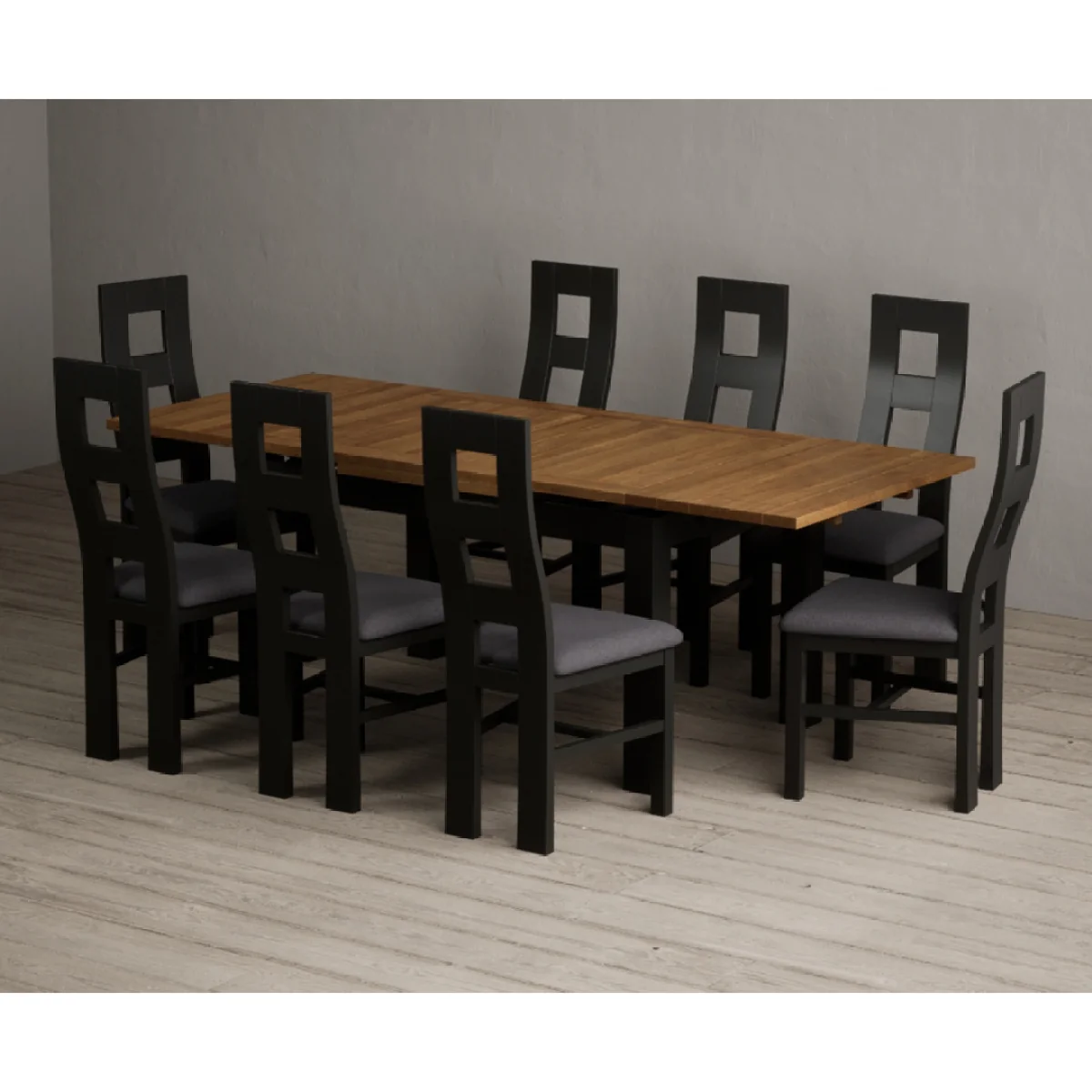 Extending Buxton 140cm Oak and Black Painted Dining Table with 8 Charcoal Grey Painted Chairs – image 3