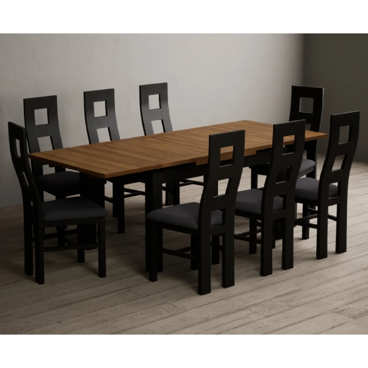 Extending Buxton 140cm Oak and Black Painted Dining Table with 8 Charcoal Grey Painted Chairs – image 6